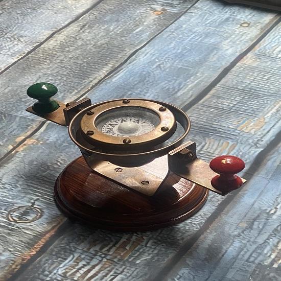 Nautical Compass Gimbled Antique Finish With Wood Low Grade Table Top