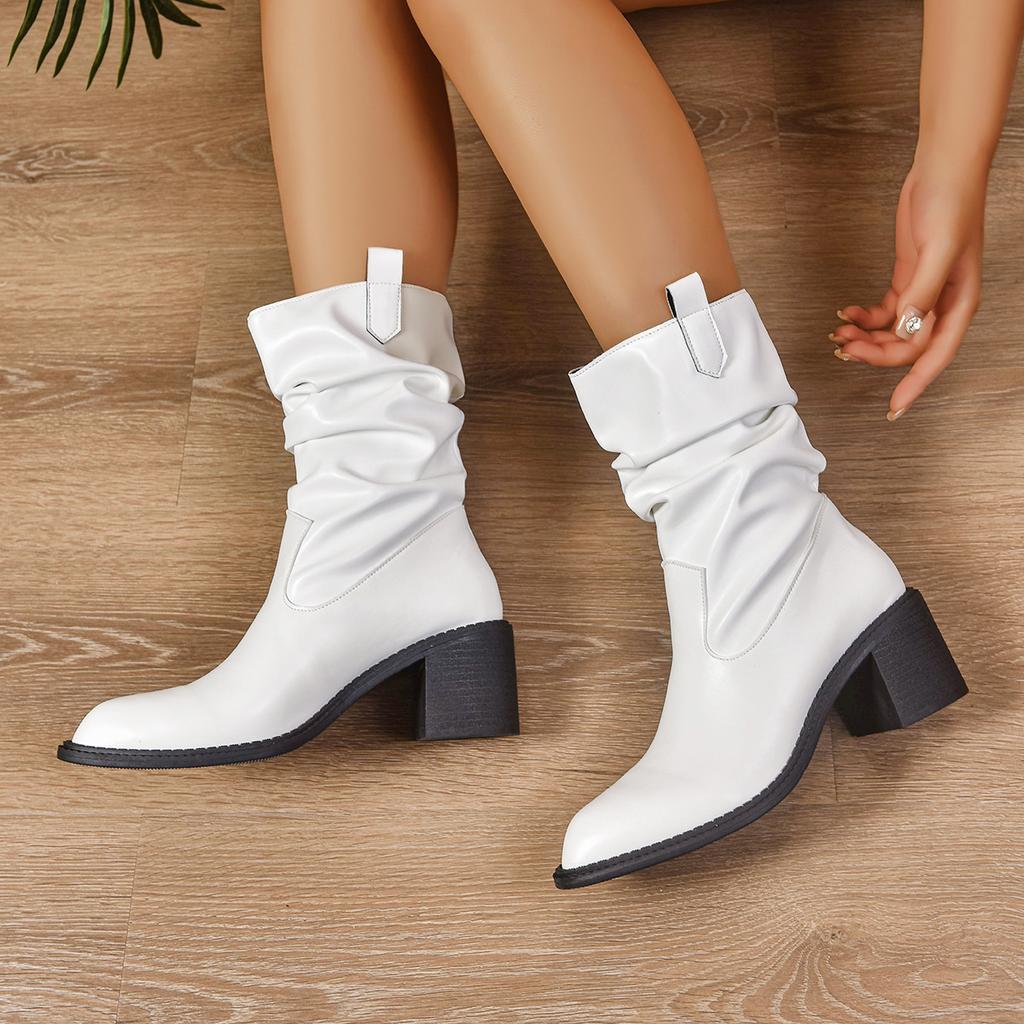 Fashion casual basic boots women's spring and autumn new pleated fashion temperament simple outer wear medium tube women's boots