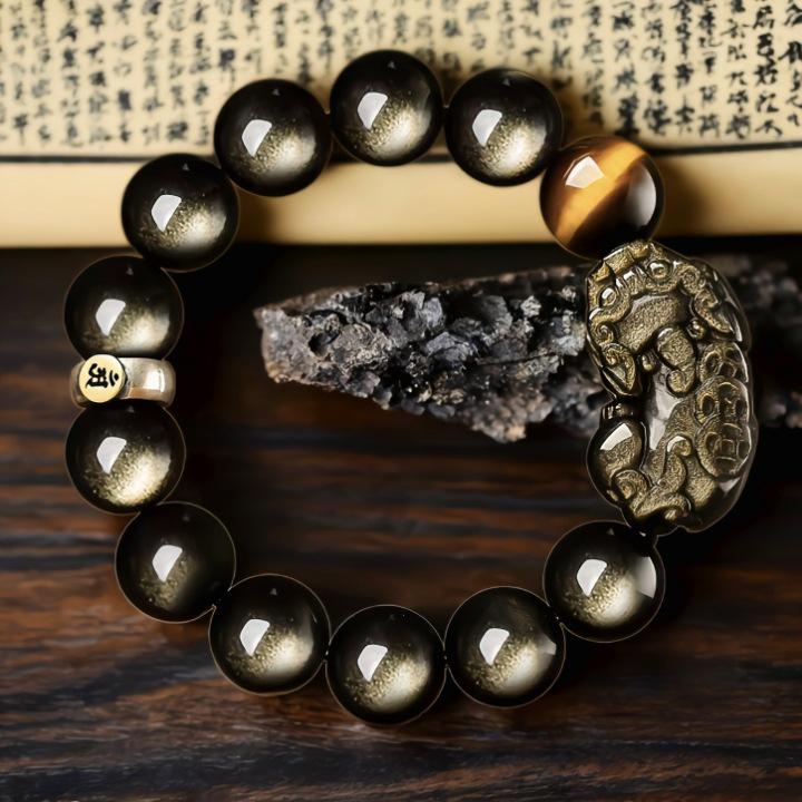 Gold Obsidian Pixiu Men's Bracelet - Year of the Horse Wealth Charm & Gift for Bestie/Boyfriend