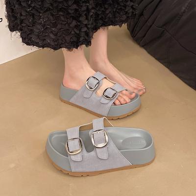 Europäisches mattes Leder Ein-Wort-Gürtelschnalle Plateau Muffin Zehensandalen, Badeschlappen, Boken Damenschuhe