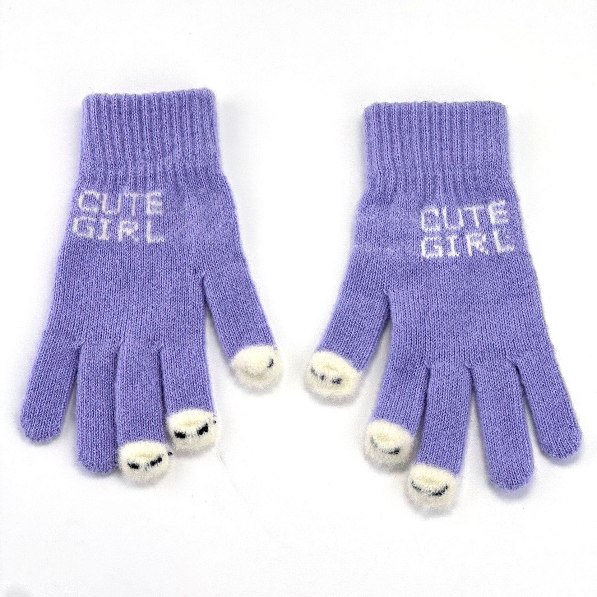 

Solid color beanie fish plush thermal gloves bare finger knitted gloves student writing can be winter gloves One Size