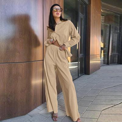 Solid Versatile Cotton Shirts Long Pants Set Women Casual Loose Single Breasted Long Sleeve Shirt Elastic Wide Leg Pant Sets