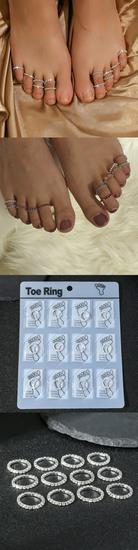 12-Piece Rhinestone Elastic Toe & Finger Ring Set - Shiny High Heel Accessories
