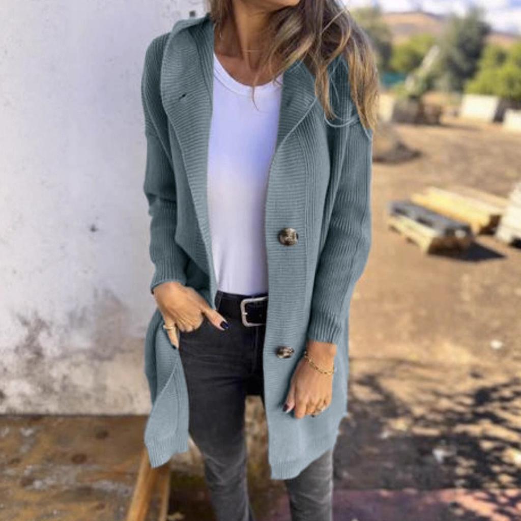Cardigans - Women's Fall Winter Long Hooded Cardigan Sweater, Button Down Knit Outerwear Coat With Pockets, Fashion Casual Outerwear Women