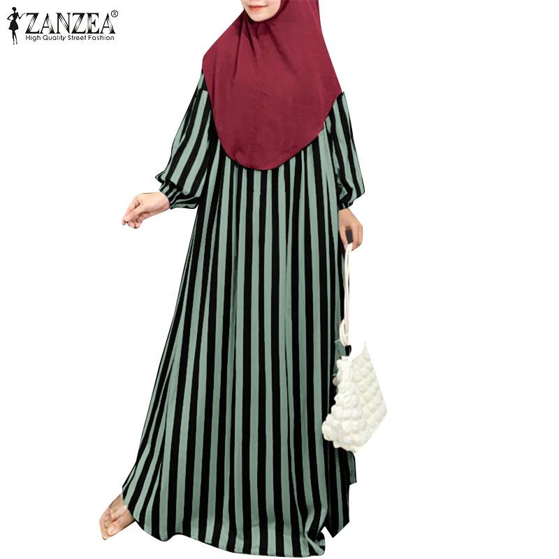 

ZANZEA Женское повседневное мусульманское платье в полоску с круглым вырезом и длинными рукавами S зелёный