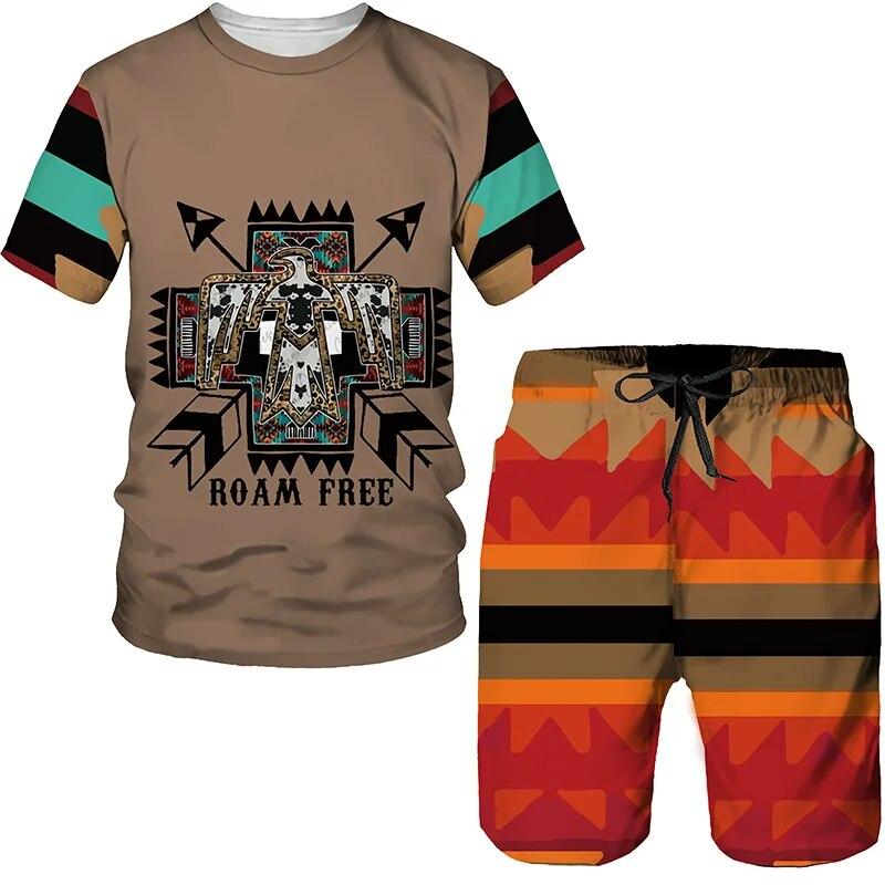 Newest Ethnic Wind Graphics Retro Print Oversized T-shirts Shorts Suit Vintage Clothes Short Sleeve Summer Men's Sets