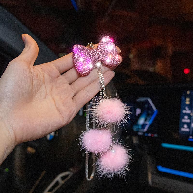 Fashion Diamond Bowknot Pendant Car Rearview Mirror Hanging Decoraction Ornament Christmas Birthday Gift Women's Car Accessories