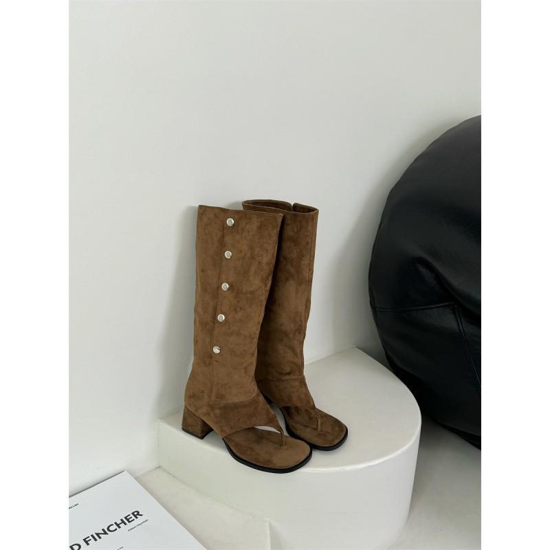 

Fashion 2025 Fashion Spring Autumn Square Clip Toe Women Knee-High Boots Sandals Vintage Low Heels Buckle Strap Shoes 35 коричневый