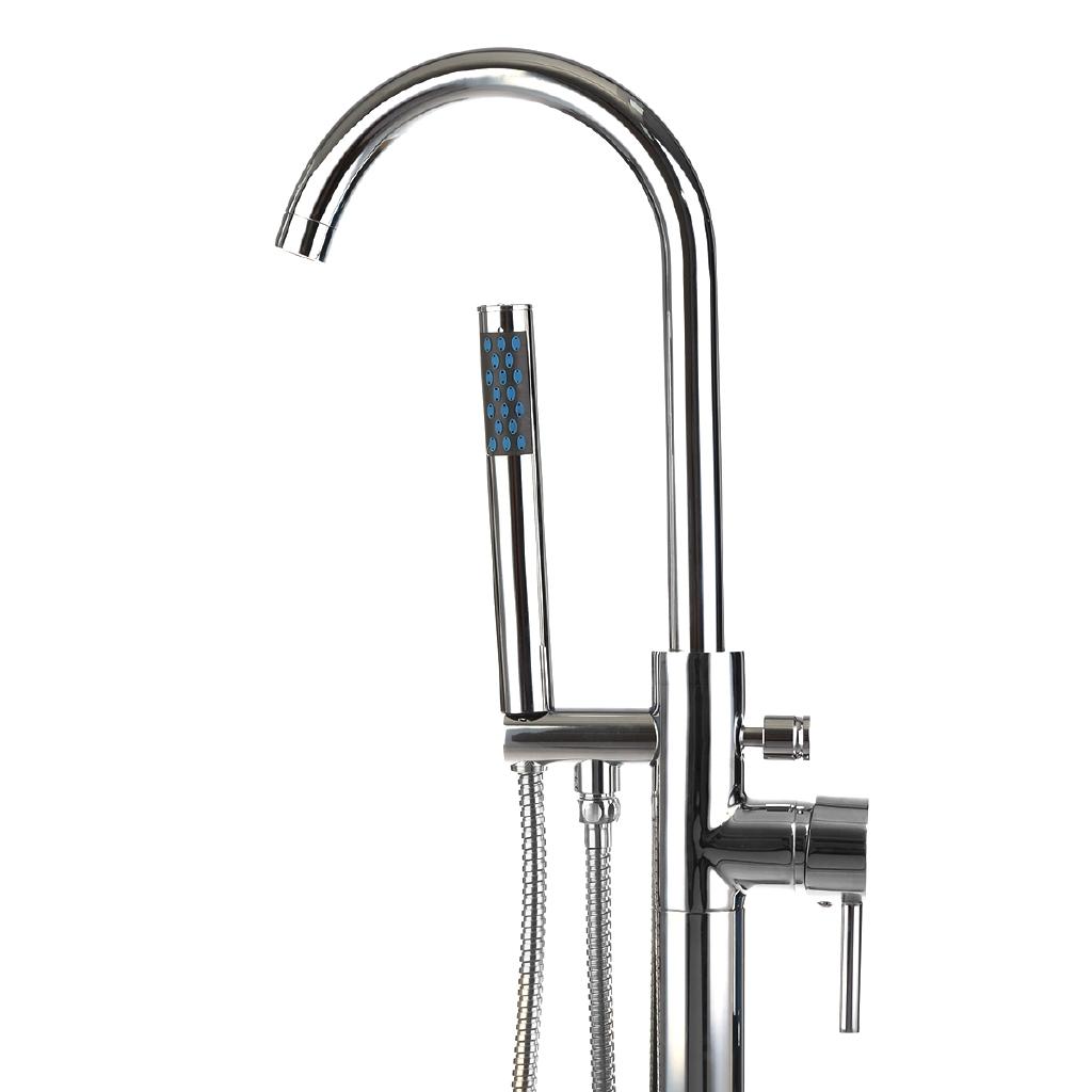 Chrome Polished Bathtub Floor Stand Faucet Mixer Single Handle Mixer Tap 360Rotation Spout With ABS Handshower Bath Mixer Shower Silver