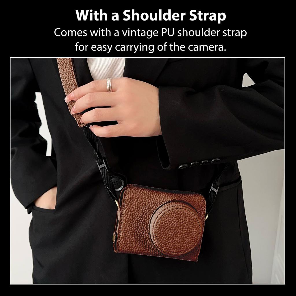 Vintage PU Leather Camera Bag Half Body Protective Cover with Strap for GR IIIx GR III GRIII GR3 Enhanced Grip Soft Lining 1Celsius4 Inch Thread Hole