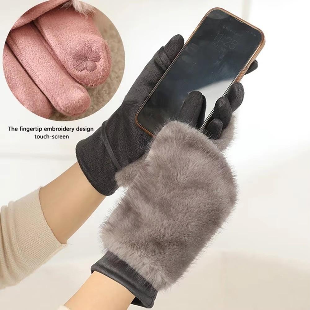Thickened Suede Touch Screen Gloves Detachable Lining Riding Gloves Faux Fur Gloves for Women