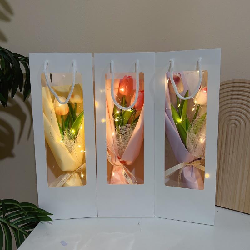 Kreativní ručně držená kytice tulipánů Háčkované květiny Puff se světelnými řetězy Ručně vyráběný dárek ke Dni učitelů, Valentýnu