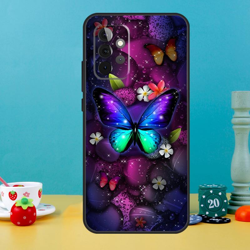 Black Beautiful Butterfly Case For Samsung Galaxy A25 A54 A34 A14 A52 A32 A12 A13 A33 A53 A15 A16 A36 A56 A26 A05 A35 A55