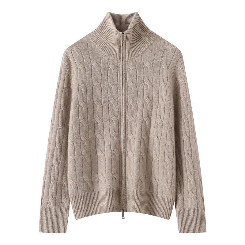 Lekasha Ribbed Aran Pattern Cashmere Cardigan - Soft Old Sheepskin Stand Collar Zipper Plush.