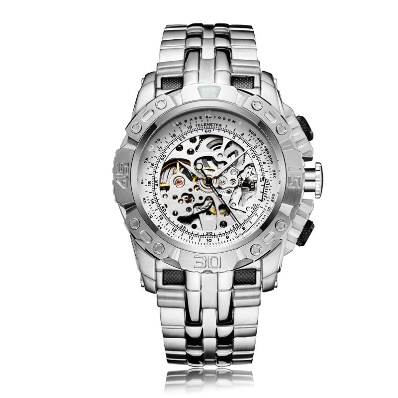 Luxury Silver Gold Automatic Mechanical Watch For Men Full Steel Skeleton Wristwatch Clock Over-sized Big Dial Relogio Masculino