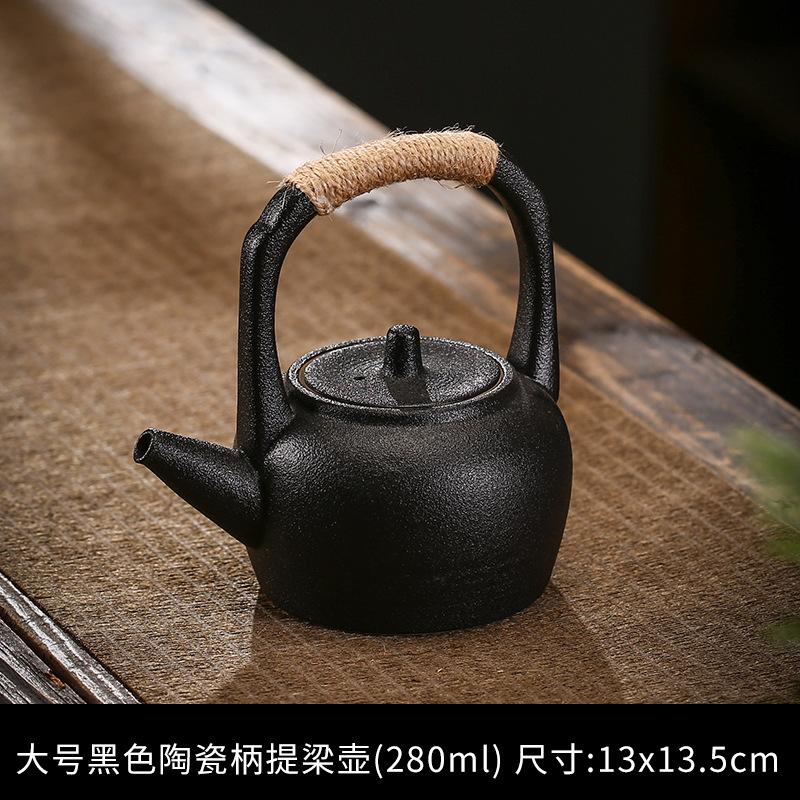 Rope Handle Ceramic Teapot Retro Style Gongfu Teapot Natural Jute Rope & Pottery No-Scald Design Daily Brewing Companion