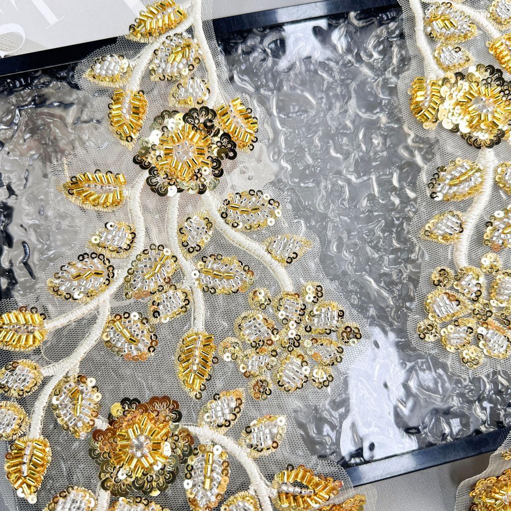 Gold Sequined Beaded Cloth Sticker Mesh Yarn Hollow Embroidery Applique Clothing Dress Performance Clothes To Flower Cloth Sticker Accessories