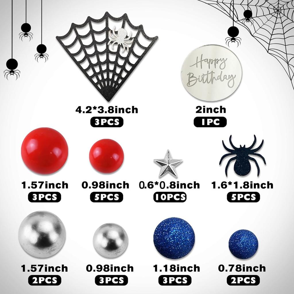 Spider Theme Cake Decor Glitter Spider Birthday Toppers Star Red Silver Blue Balls Cupcake Topper for Boys Men Baby Shower Party