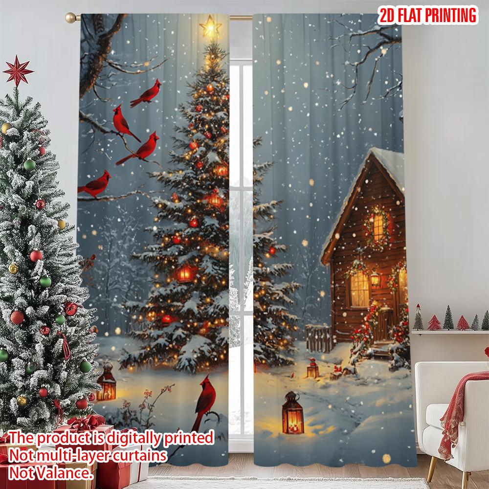 2pcs 2D flat printing Christmas Curtains Snow Christmas tree_ red card Versatile Polyester Without Electricity Family Party for