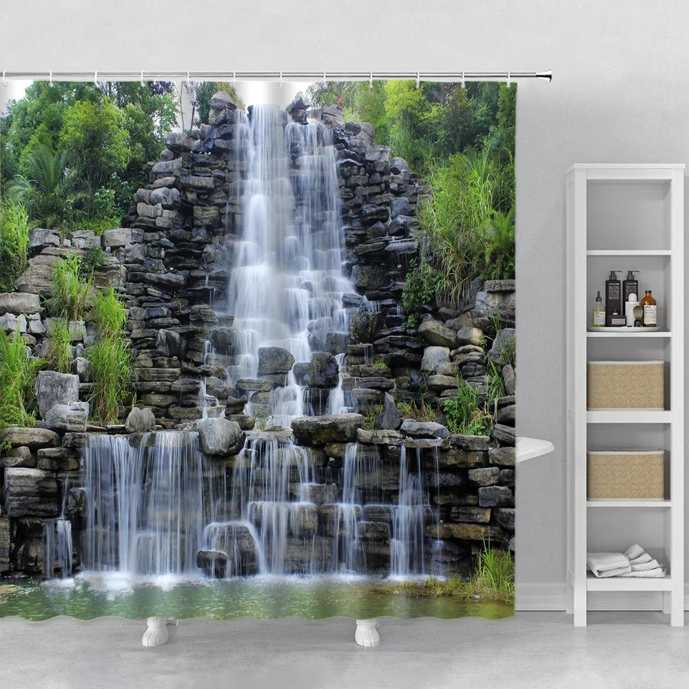 Forest Landscape Shower Curtain Sunshine Waterfall Green Bamboo Mist Jungle Autumn Scenery Bathroom Curtains Bathtub Decor Hooks