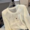 Women's Mesh Hollow Out Knitted Pullover Early Autumn Solid Color Fashion Short Tops Long Sleeve O-neck Casual Sweater