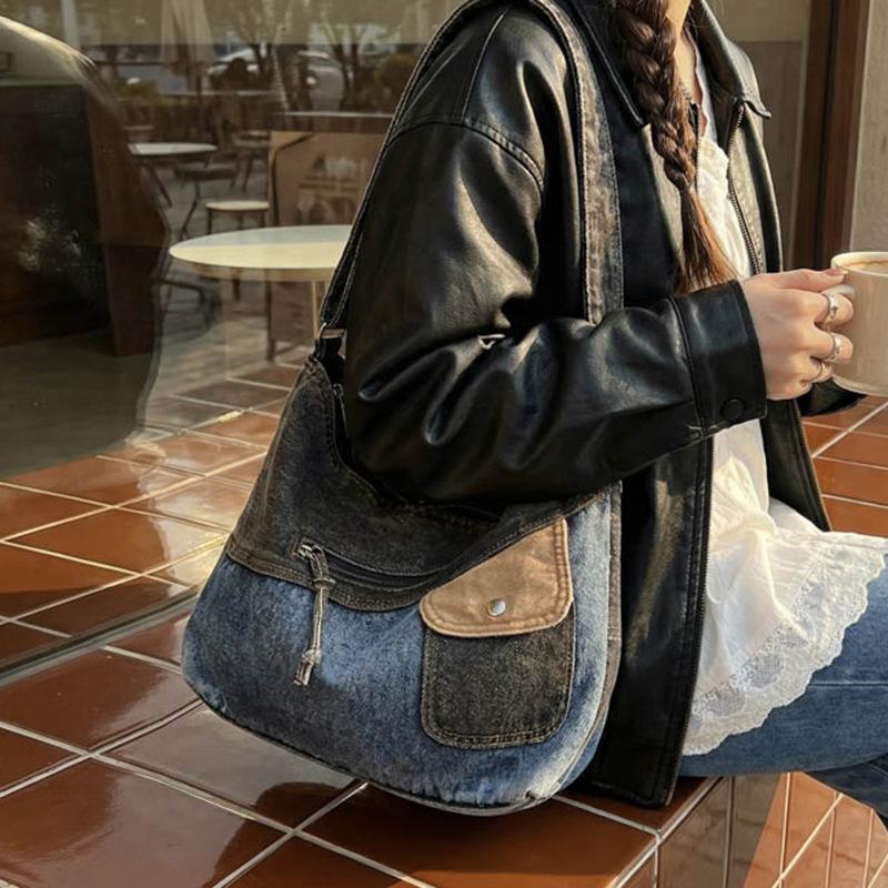 New Fashi Denim Shoulder Bag Casual Patchwork Crossbody Bag Large Capacity Trendy Fashiable and Versatile Commuting Bag
