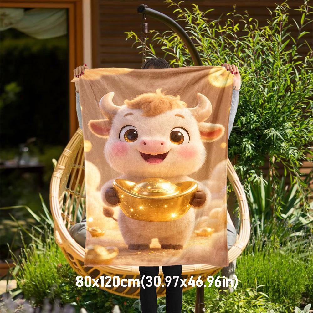 

1pc Golden Ox Holding Treasure Outdoor Flannel Blanket Soft Warm All-Season Throw for Sofa Bed Car Camping Office, Cozy Gift Idea1284S 80x120cm(31x47inch)