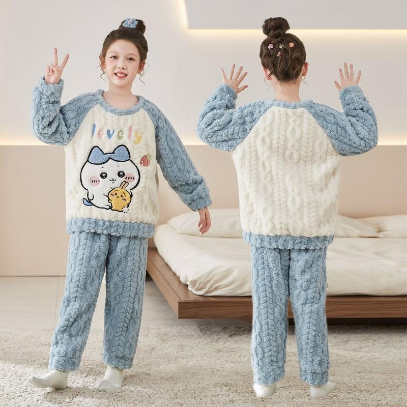 Girls Coral Fleece Pajama Set With Hooded Cartoon Character Design Winter Warm Sleepwear Kids 8 Years