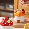 1pc Mushroom Shaped Ceramic Snack Container Set,Stainless Steel Fruit Forks,Detachable Lid, Easy Clean Smooth Edged Design for Fruits/Desserts