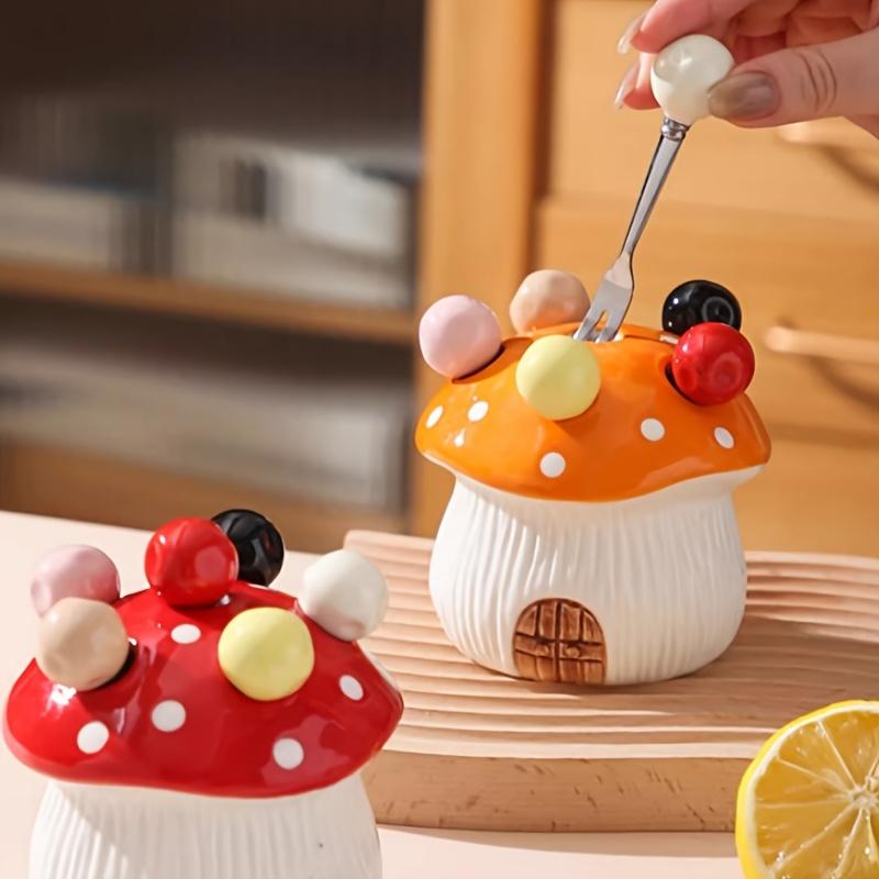 1pc Mushroom Shaped Ceramic Snack Container Set,Stainless Steel Fruit Forks,Detachable Lid, Easy Clean Smooth Edged Design for Fruits/Desserts