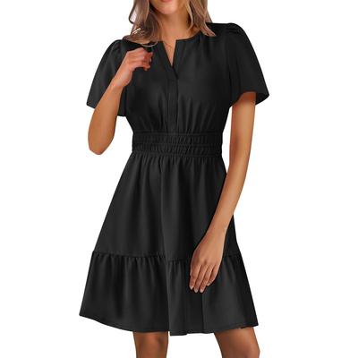 Women's V-neck A-line Waist Casual Pleated Short-sleeved Dress