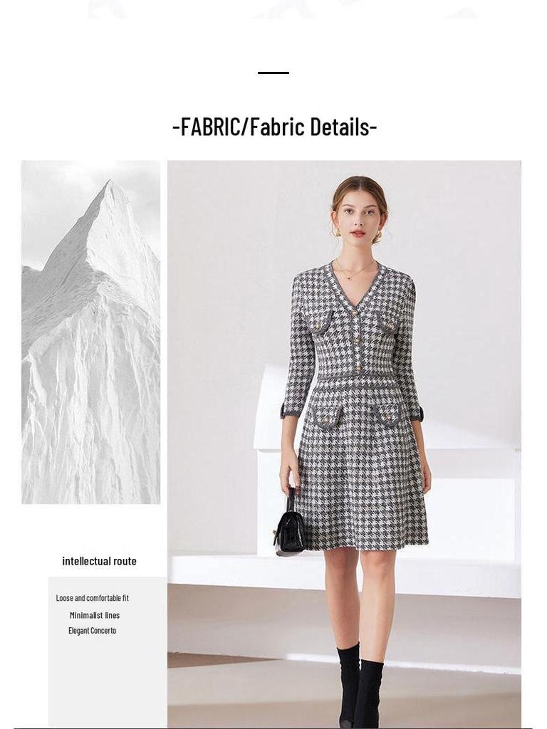 2025 Fall/Winter Retro European & American Houndstooth V-Neck Mid-Length Knitted Dress