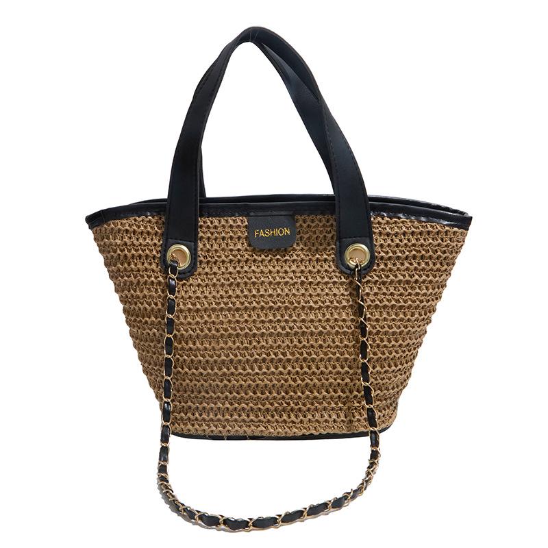 Women's 2026 Korean-Style Vacation Straw Bag: Handheld, Large Capacity, Chain Shoulder, Simple Fruit Basket Design