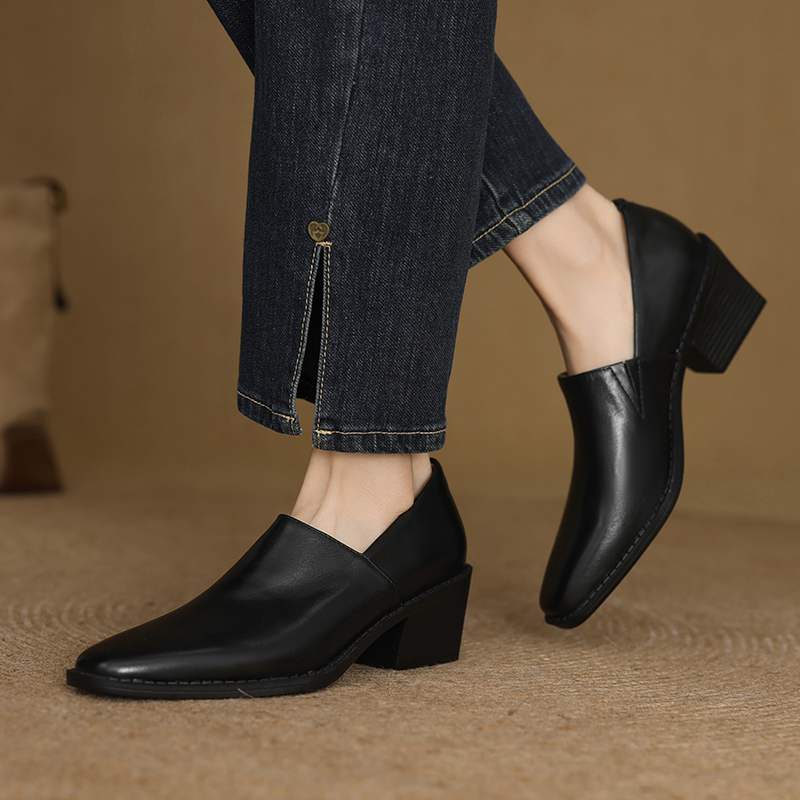 Krazing Pot Cow Skin Fashion Spring Autumn Thick High Heels Women Round Toe Office Lady Retro Fashion Pumps