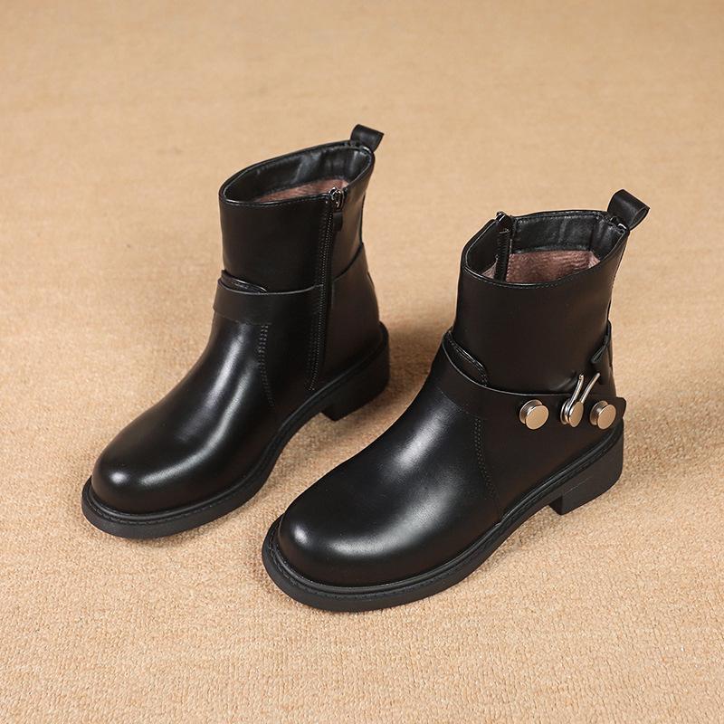 

European Station Women s Shoes 25 Autumn and Winter Fashion Belt Buckle Soft Tire Cowhide Round Head Comfortable Sleeve Flat-bottomed Chelsea Boots 41