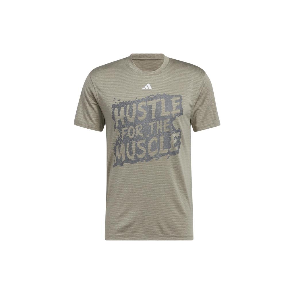Adidas Hustle For The Muscle Aeroready Letter Pattern Print Quick-Dry Sports Fitness Crew Neck T-Shirt Men Tops Pebble-Silver-Gray H44745