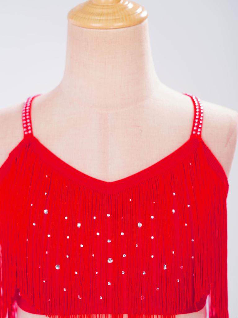 Girls V Neck Sleeveless Latin Dance Crop Top with Crisscross Back Spaghetti Straps Rhinestone Fringe and Tiered Tassel Skirt for Stage