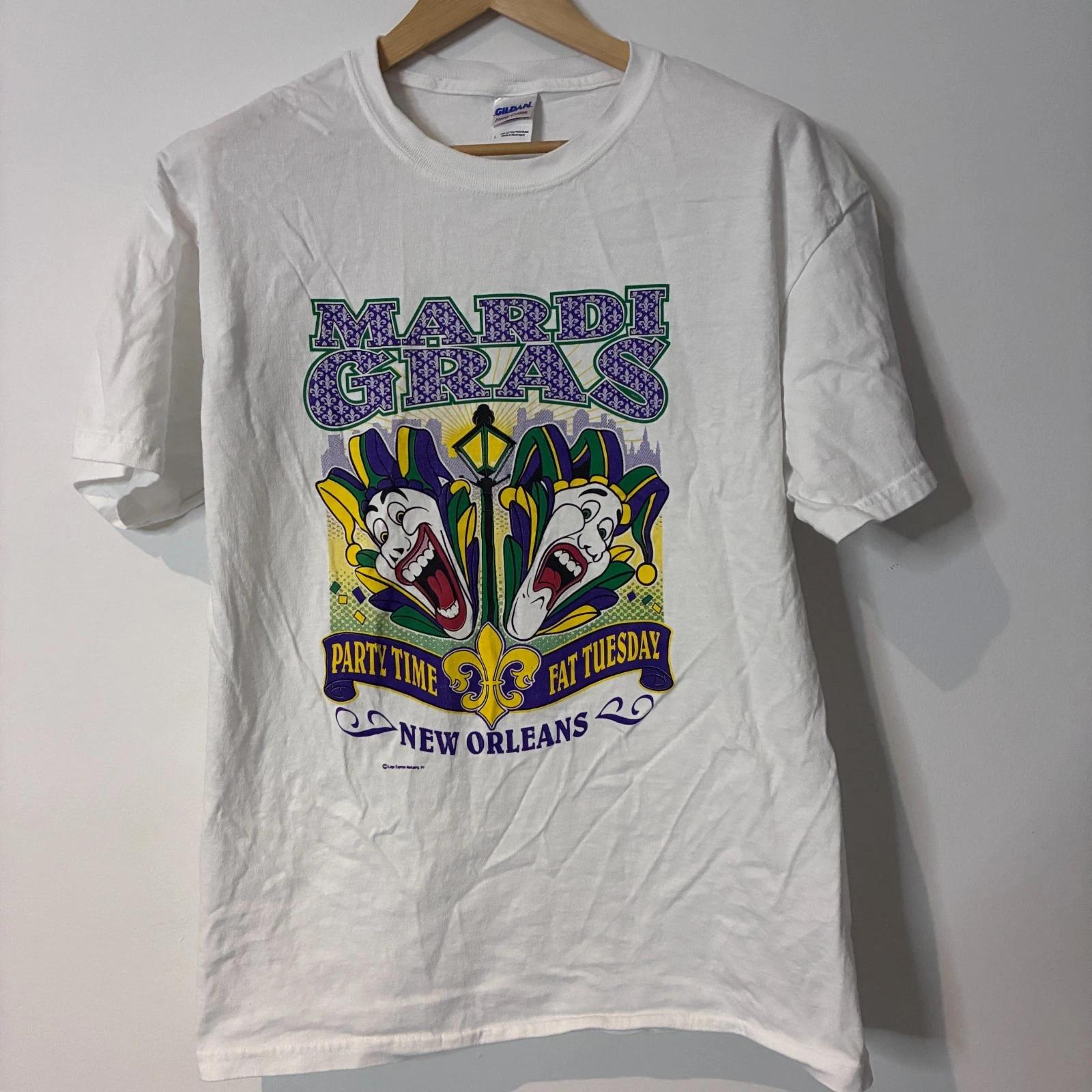 Vintage Mardi Gras New Orleans Shirt Large White Graphic Gildan Heavy Cotton L
