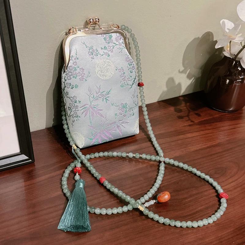 Chinese Style Mulberry Silk Kiss Lock Phone Bag - Ethnic Beaded Crossbody for Hanfu & Qipao