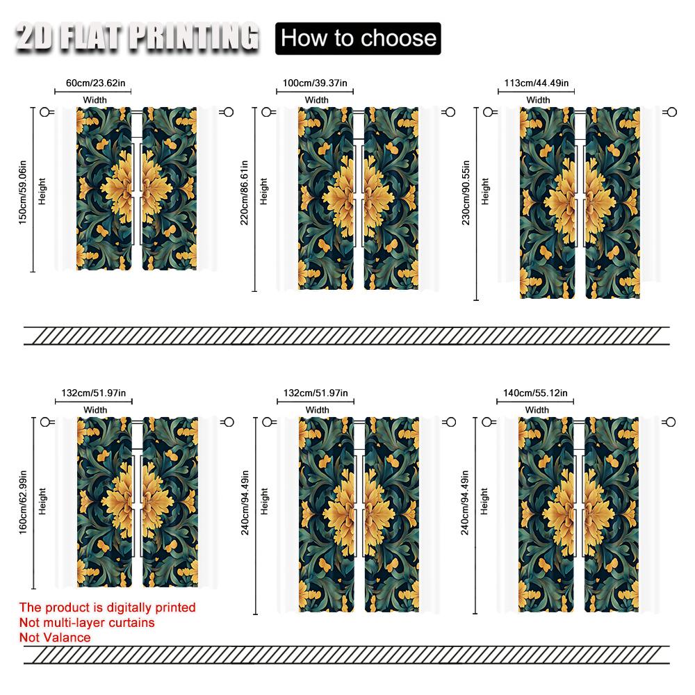 2Pcs Art Flowers Digital Printed Window Curtains Polyester Material Suitable For Living Room Kitchen Bedroom Study Dining Room