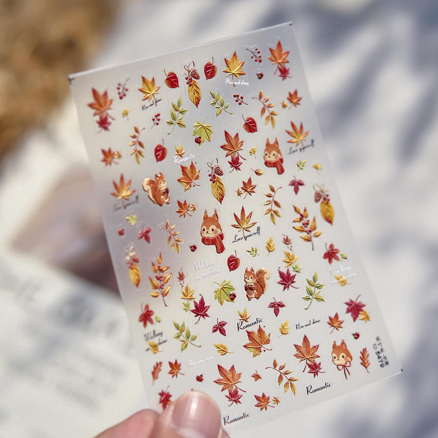 

Tomoni Autumn Maple Leaves & Squirrel Embossed Nail Stickers - Short Nails & Leaves Journal Accessories