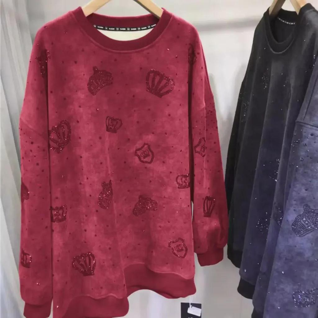 European Luxury Crown Diamond Sweater: Women's Plus-Size Velvet Thick Long Sleeve Top