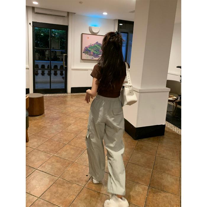 

2026 Summer Loose Fit Parachute Overalls: Hong Kong Style Wide-Leg Drawstring Sweatpants Small абрикосовый/зелёный