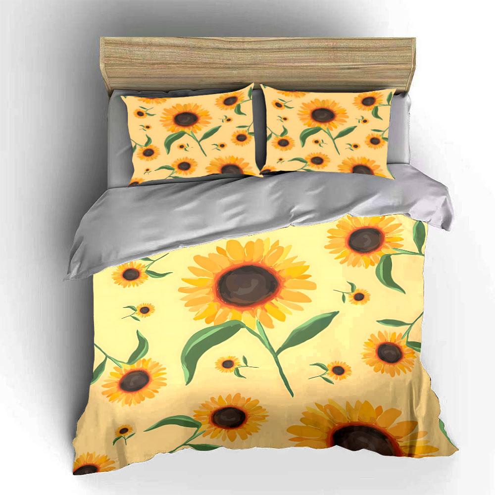Sunflower Pattern Home Decoration Set Bedding Set with 1 Duvet Cover 2 Pillowcases Single Double King Queen, Gift
