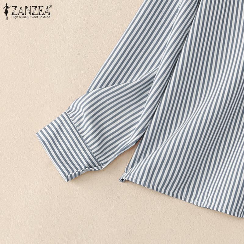 ZANZEA Women Casual Turn Down Collar Loose Long Sleeve Stripe Blouse