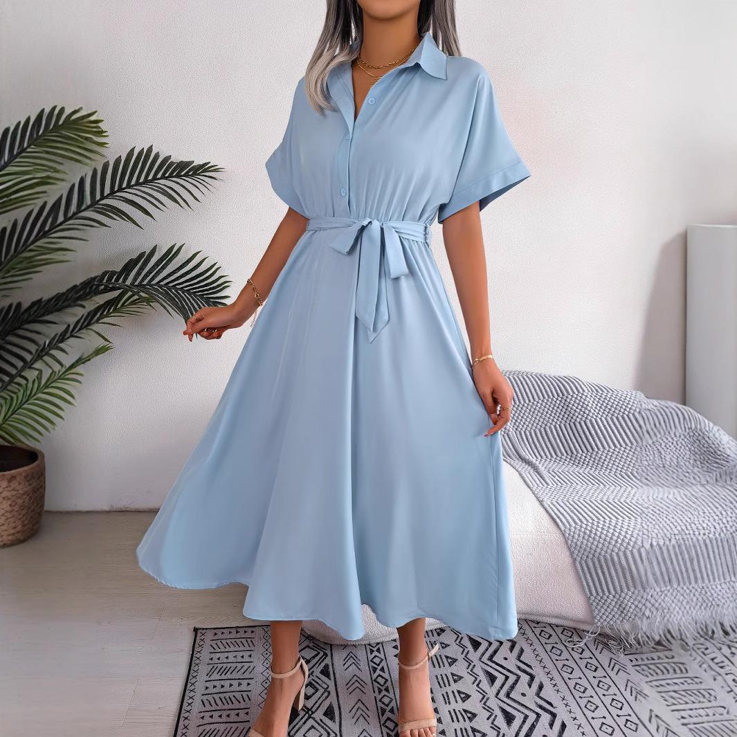 

Летнее женское повседневное свободное однотонное платье-рубашка с коротким рукавом и узкой талией XL синий