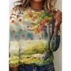 Tops for Women Autumn Leaf Print Round Neck Long Sleeve T-shirt Fall Casual Slim Pullover Women's Long Sleeve Top