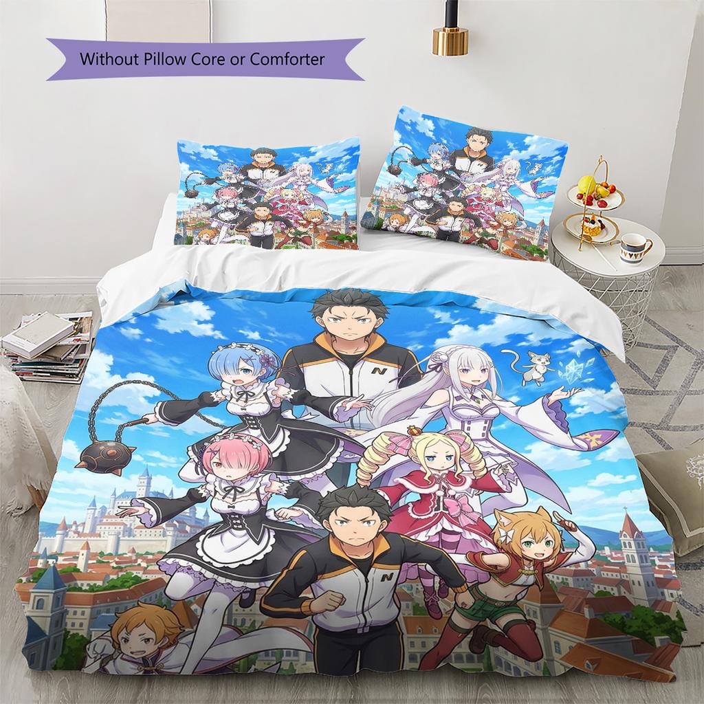 Re Zero Pattern Bedding Quilt Set Quilt Cover Pillowcase Home Birthday Gift(1 * Duvet Cover + 2 * Pillowcase, Without Core)