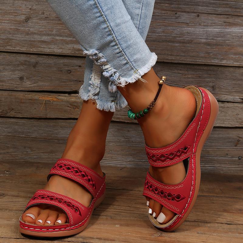 2023 Retro Stitch Plus Size Non-slip Wedge Sandals - Women's One-Strap Slippers