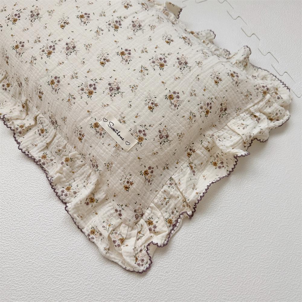 Small Floral Ruffle Lace Double Layer Cotton Gauze Pillowcase for Kindergarten